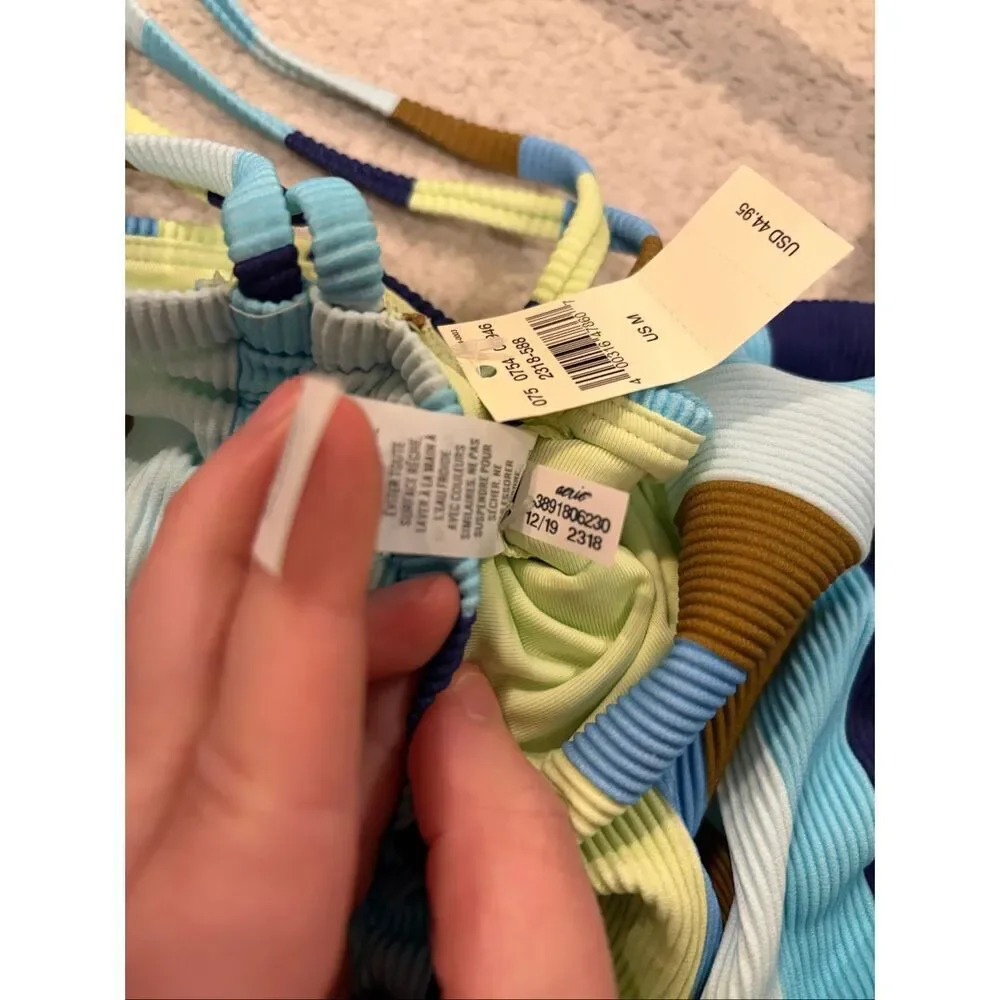 NWT Aerie Ribbed Longline Bandeau Bikini Top Blue Green Stripe Tie Straps Size M